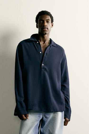 חולצת פולו Regular fit ויסקוזה-פשתן - כחול־ים של Zara