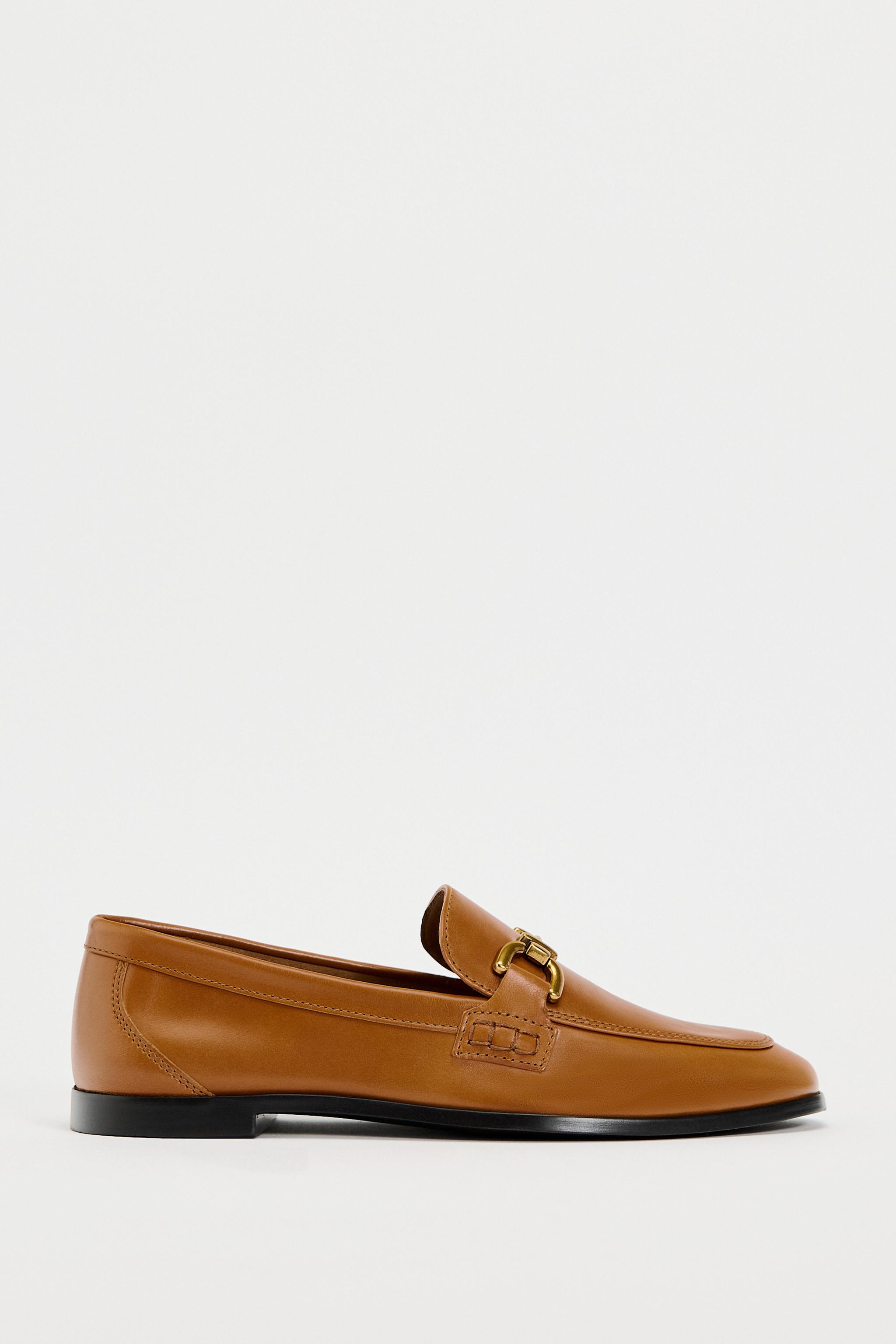 CHAIN TRIM LEATHER LOAFERS - Brown