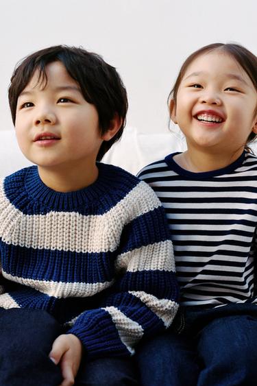 Zara TIMELESS - CONTRAST TRIM STRIPED T-SHIRT - Blue