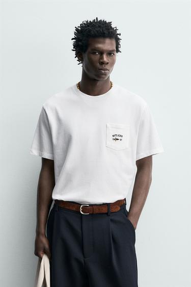 T-SHIRT POCHE BRODERIES NAUTIQUES - Blanc cassé de Zara