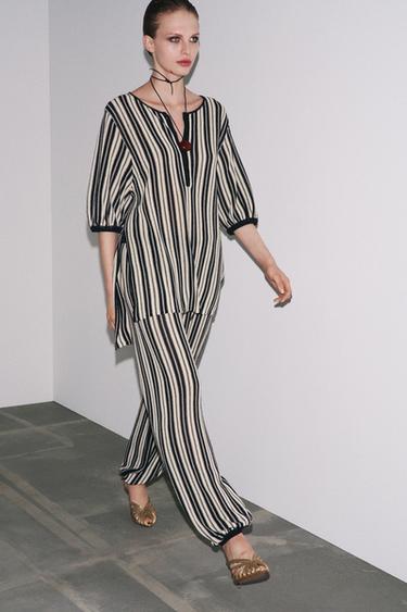 PANTALÓN PUÑO BAJO RAYAS CON LINO - Crudo / Negro de Zara - Imagen 0