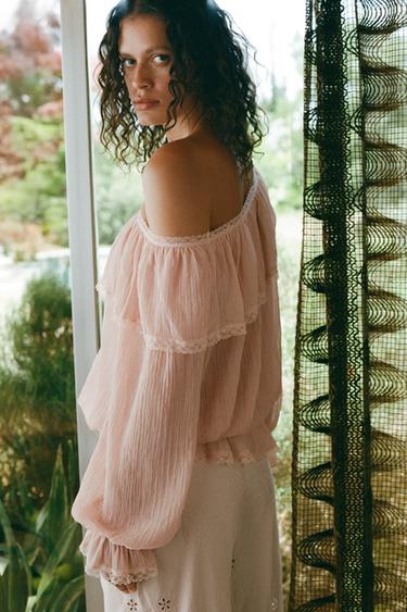 COLD SHOULDER BIB SHIRT - Pink by Zara