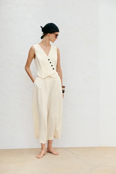 LINEN BLEND WAISTCOAT JUMPSUIT - Ecru by Zara - Image 4