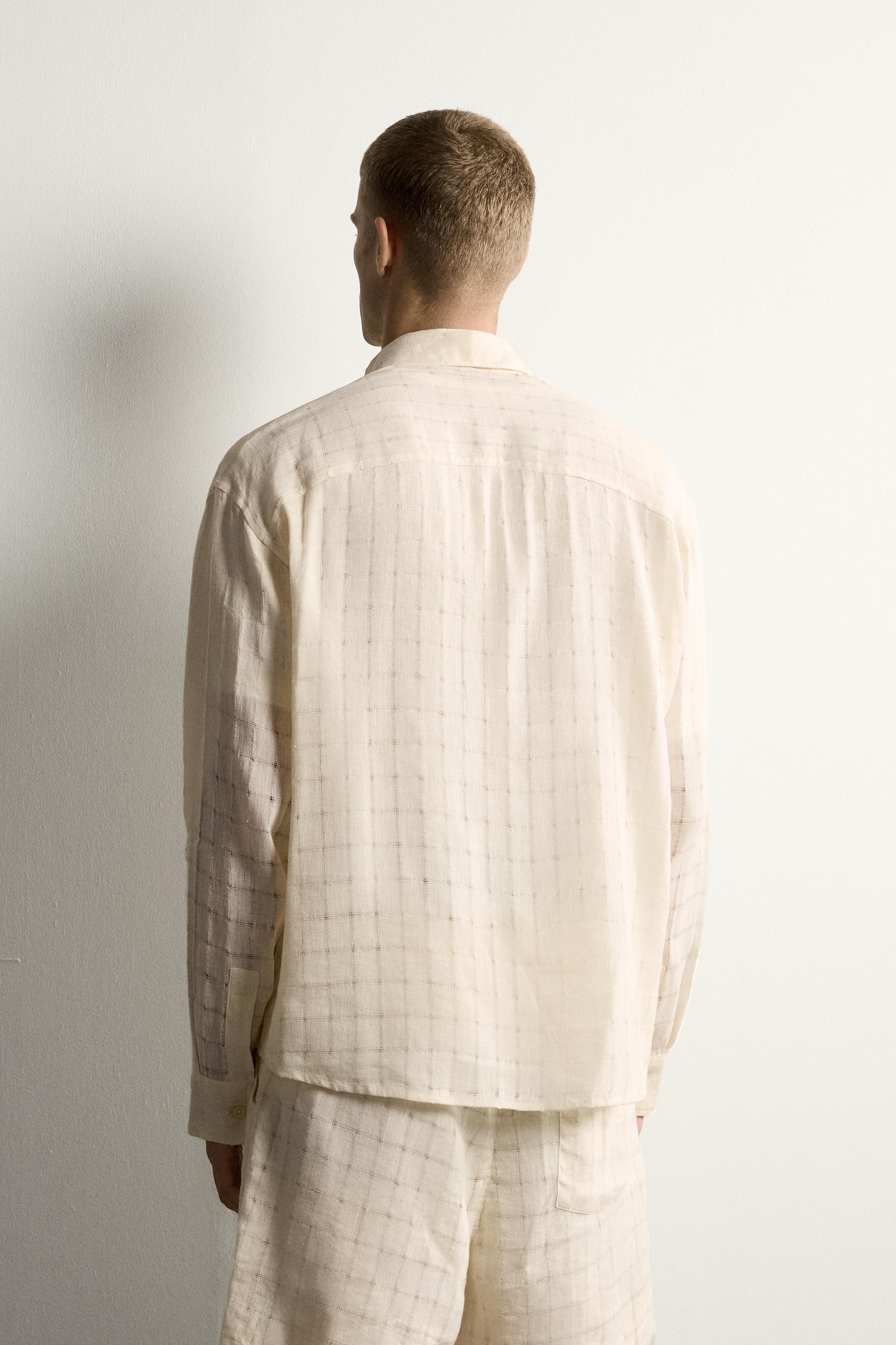 RELAXED FIT CHECKED LINEN COTTON JACQUARD SHIRT — Ecru (alternate view)