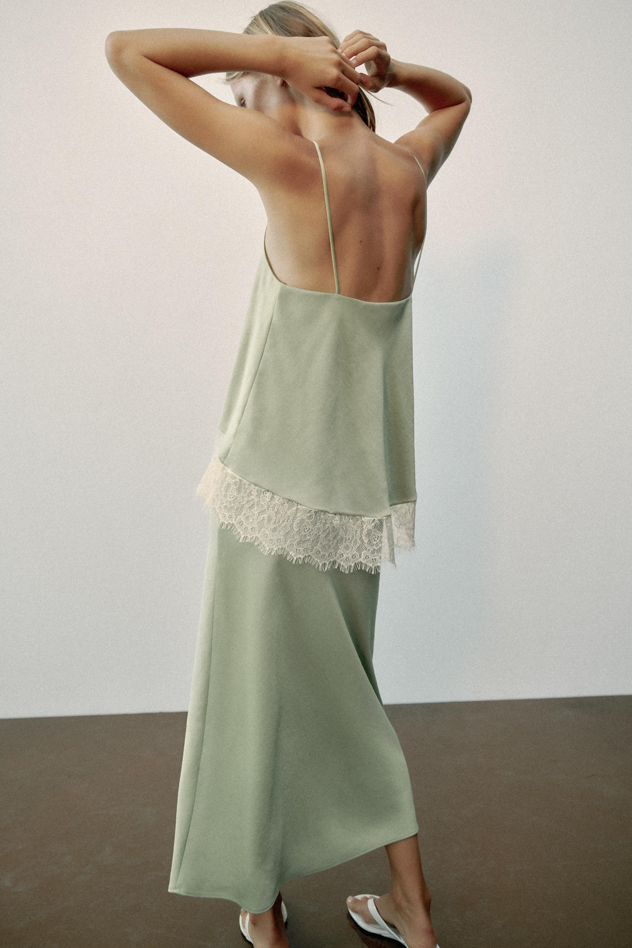 Lace-Trimmed Satin Midi Slip Dress