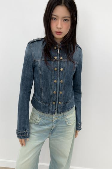 TRFボタンタブ付きデニムジャケットネイビーブルーZaraのTRFボタンタブ付きデニムジャケット - ネイビーブルー 