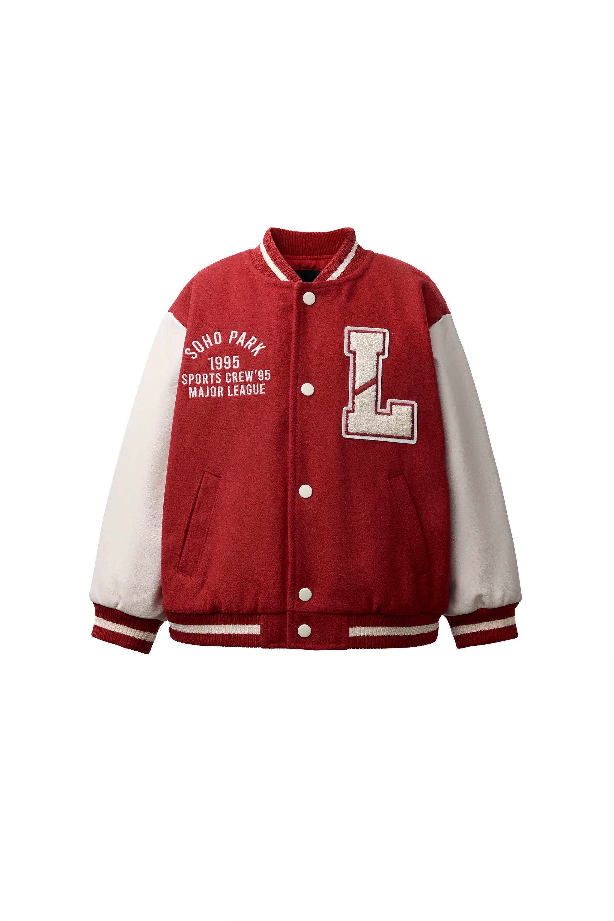 CLOTH BOMBER JACKET WITH FAUX LEATHER SLEEVES AND PATCHES - Red