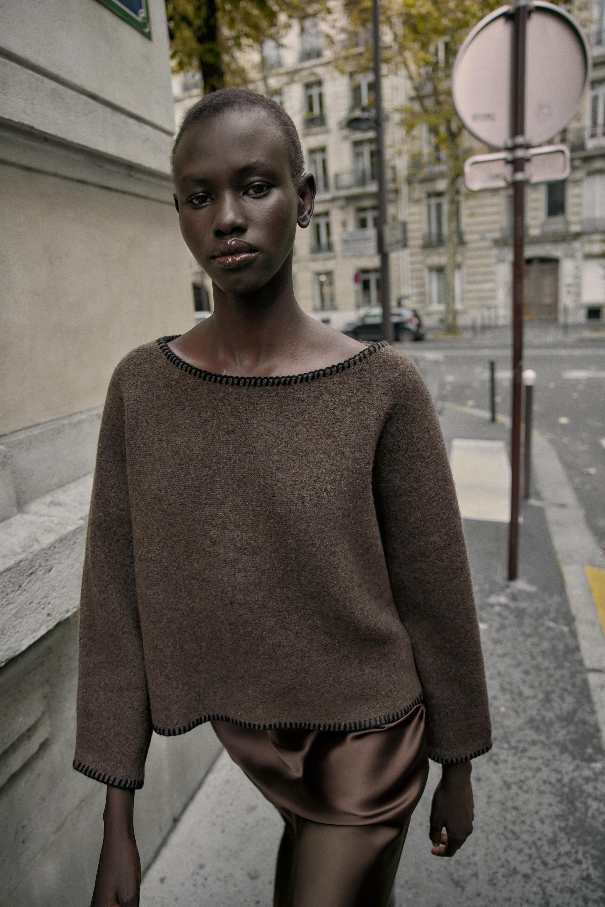 CONTRAST TOPSTITCH KNIT JUMPER - Brown / Taupe | ZARA United States