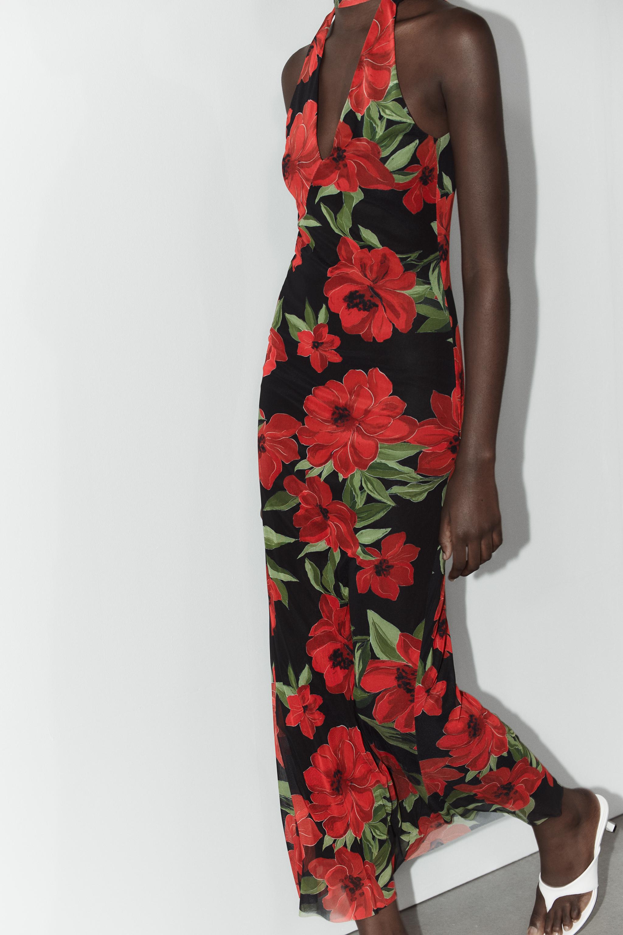 ZARA フォワードチュールプリント柄ワンピース 5039/136 フラワープリント入りチュールフリルワンピース - レッド