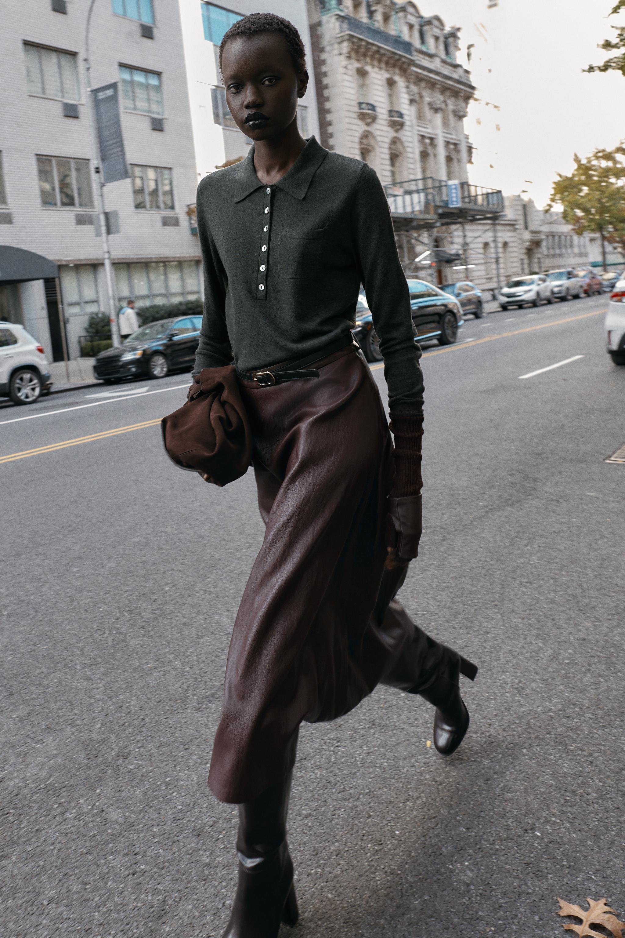 FAUX LEATHER MIDI SKIRT WITH BELT