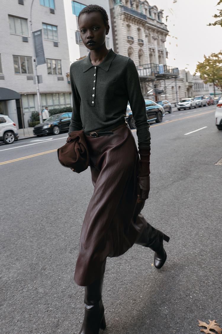 FAUX LEATHER BELTED MIDI SKIRT