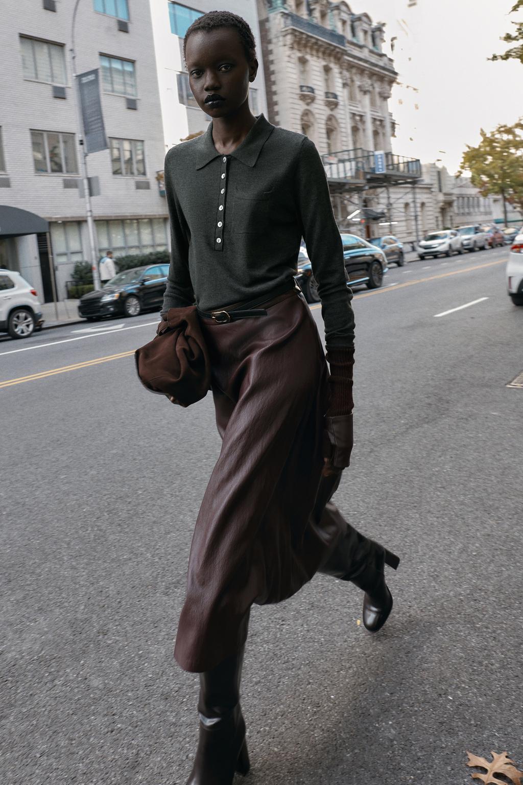 FAUX LEATHER BELTED MIDI SKIRT
