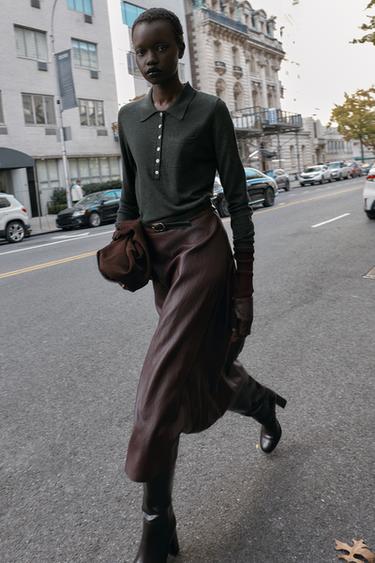 Zara FAUX LEATHER BELTED MIDI SKIRT - Burgundy