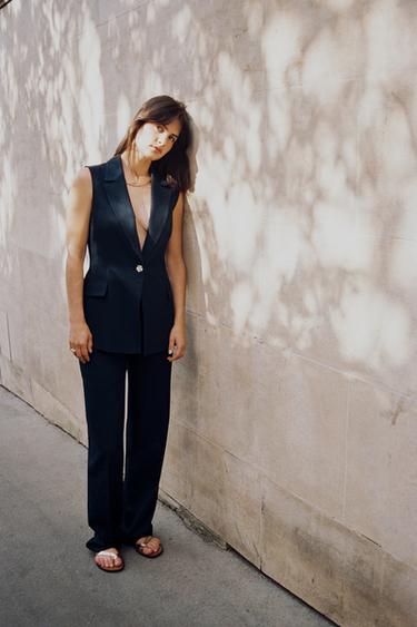 Zara STRAIGHT LEG LINEN PANTS - Navy blue - Image 0