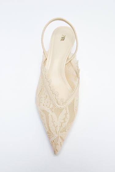 EMBROIDERED AND LACE KITTEN-HEEL SHOES - White by Zara