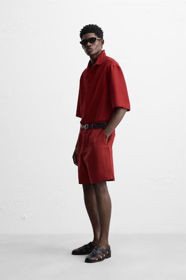 COTTON-LINEN TEXTURED BERMUDA SHORTS - Intense red by Zara - Image 3