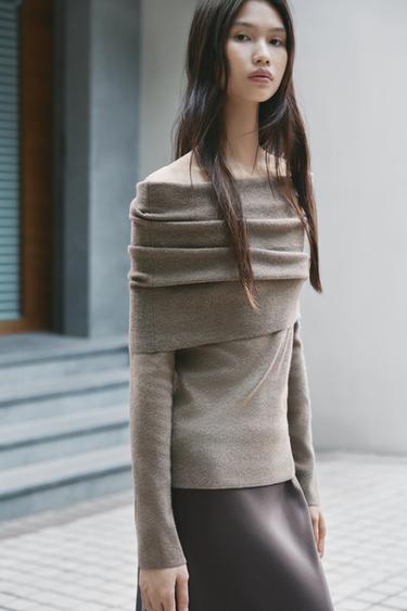 Zara 平口針織縮褶上衣 - 暗灰褐色