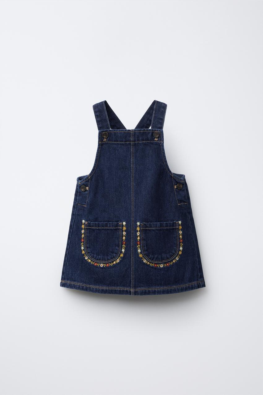 EMBROIDERED FLOWER DENIM PINAFORE DRESS - Blue | ZARA New Zealand