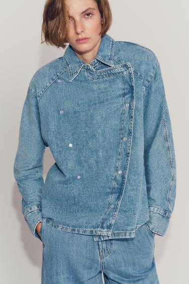 Zara ZW COLLECTION DENIM JACKET WITH SHOULDER PADS - Blue