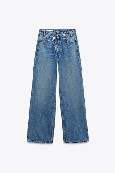 JEANS TRF WIDE LEG بخصر متصالب وسرج عالٍ - أزرق الخاص بـ Zara