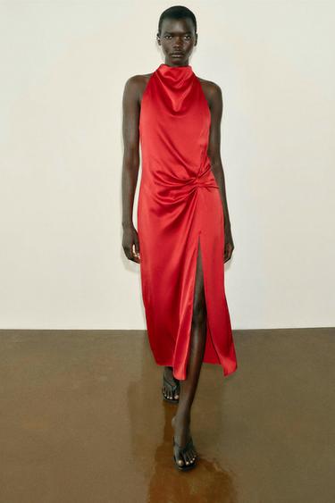 SATIN HALTER MIDI DRESS - Red by Zara