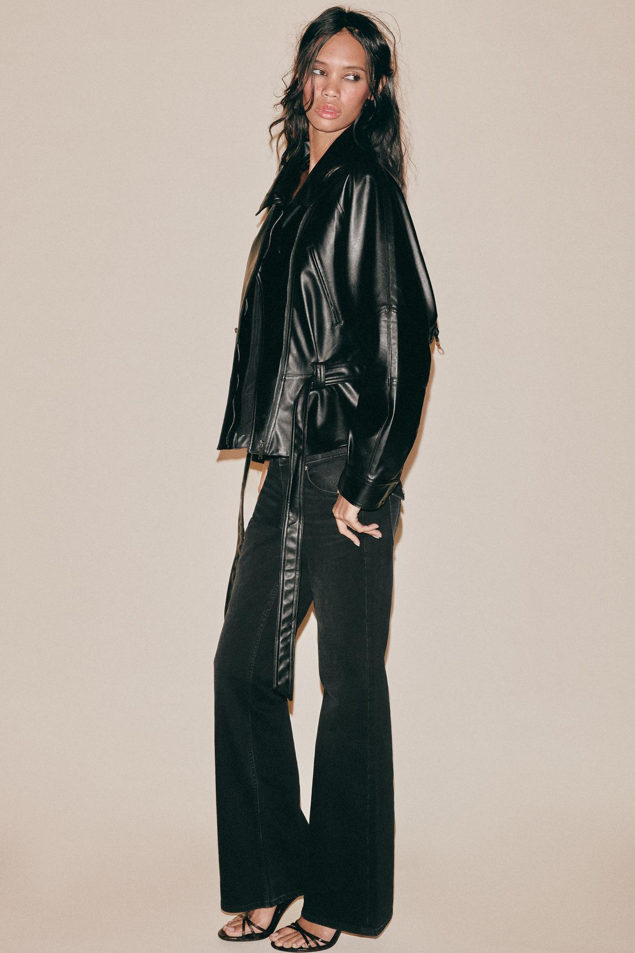 FAUX LEATHER BELTED JACKET — Black