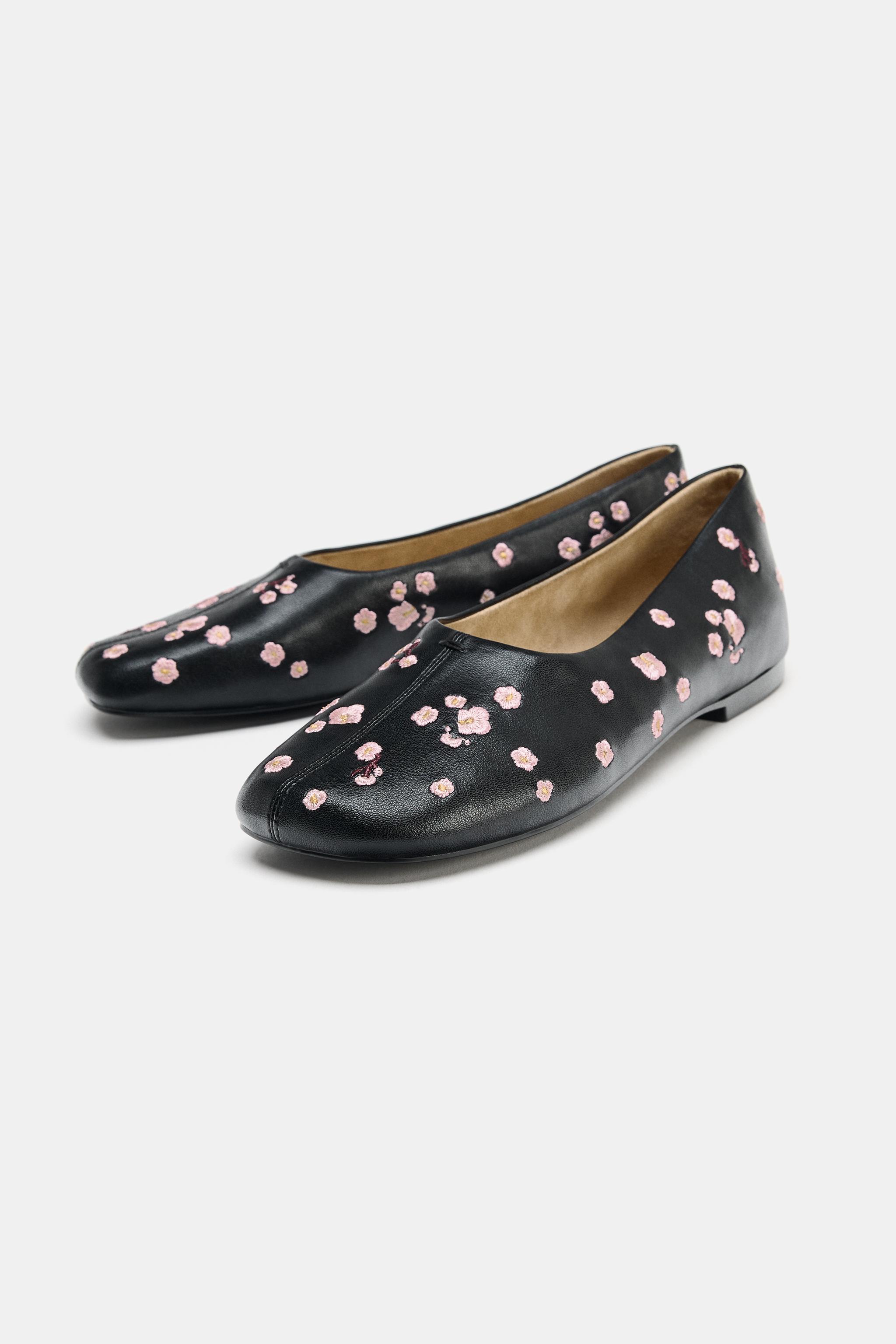 刺繍入りフラットバレリーナシューズ - ブラック | ZARA Japan / 日本