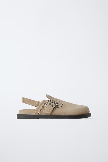 STUDDED SPLIT SUEDE CLOGS - Beige by Zara