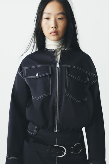 コントラストステッチ ボンバージャケットネイビーブルーZaraのコントラストステッチ ボンバージャケット - ネイビーブルー