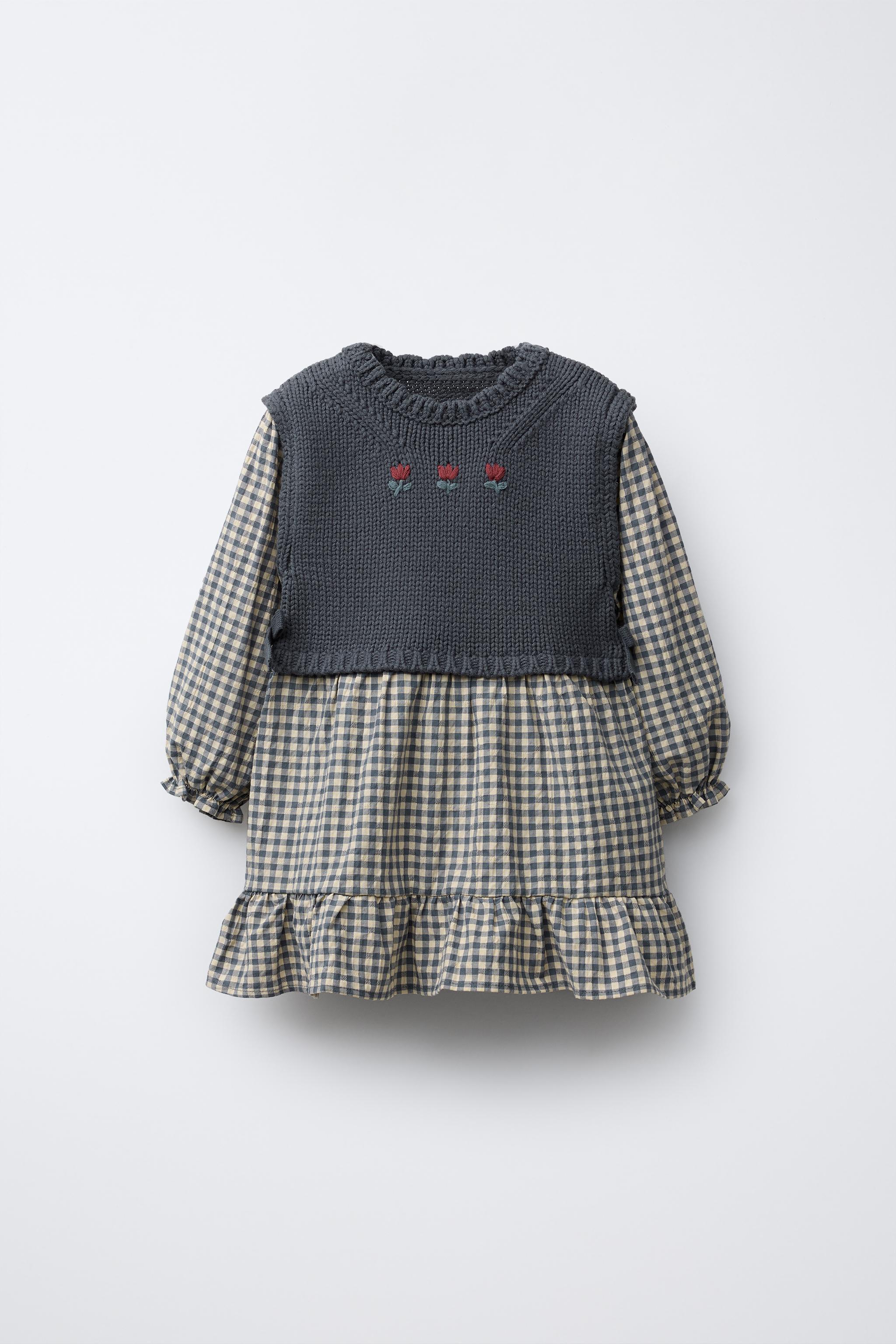 GAUN KOTAK-KOTAK KOMBINASI ROMPI RAJUTAN Mid-blue ZARA Indonesia