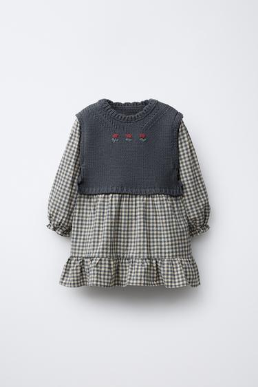 CHECK DRESS WITH KNITTED WAISTCOAT - Mid-blue by Zara - Image 0