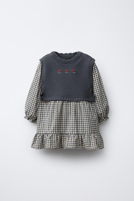 ROBE ?? CARREAUX AVEC GILET EN MAILLE - Bleu moyen | ZARA Belgique / Belgium