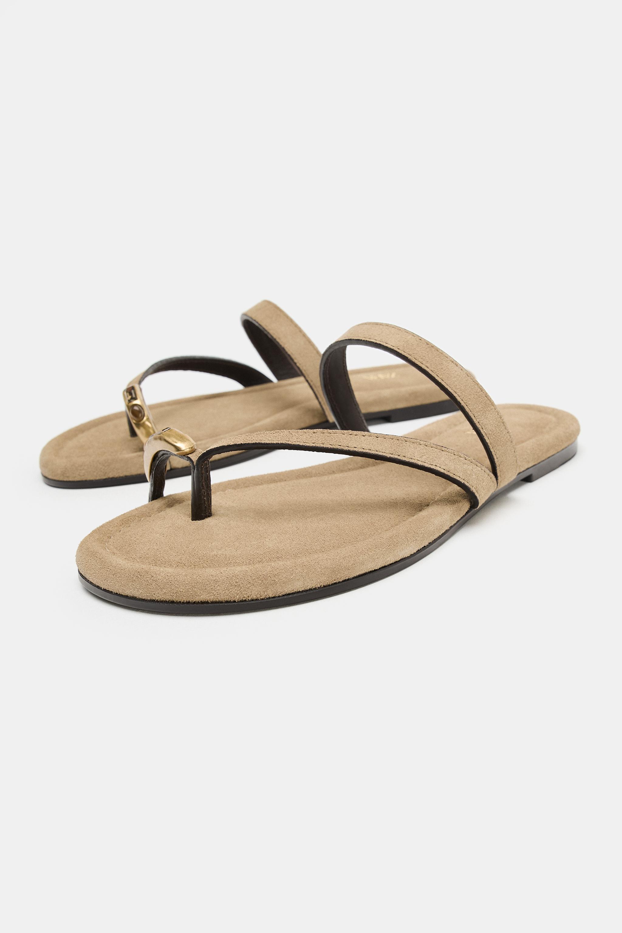 Женские сандалии Zara SUEDE FLAT SANDALS WITH APPLIQUÉ — фото 2