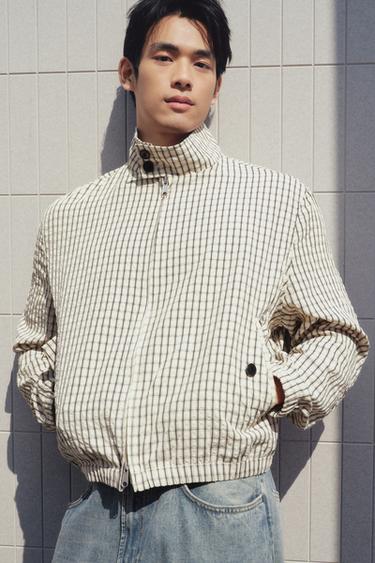 CROPPED FIT CHECK TEXTURED JACKET - Ecru / Black by Zara