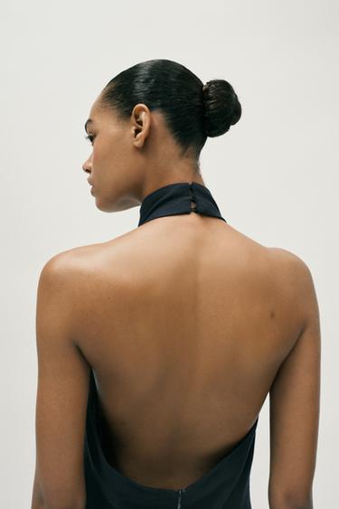 LINEN BLEND HALTER JUMPSUIT WITH CONTRAST TOPSTITCHING - Navy blue by Zara - Image 6