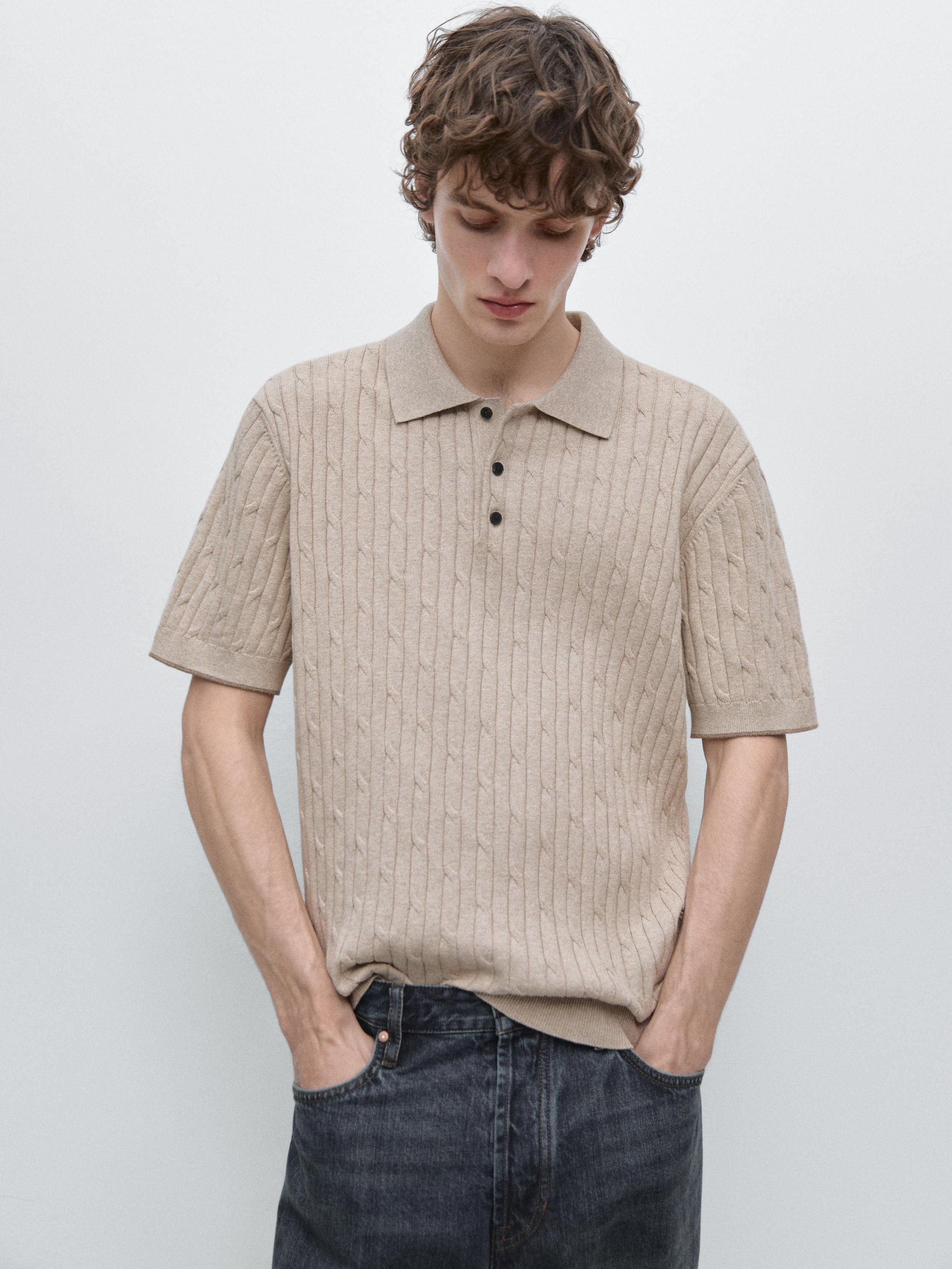 Cotton blend cable-knit polo sweater