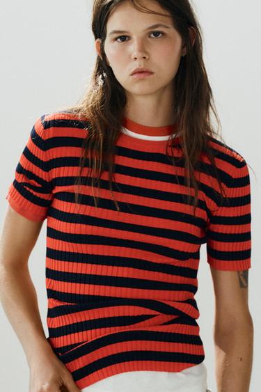STRIPED RIBBED KNIT TOP - red/navy by Zara