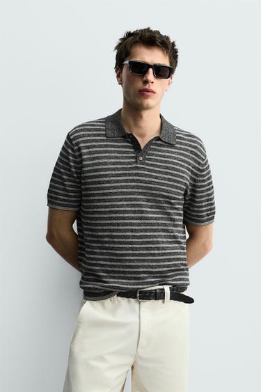 LINEN-COTTON KNIT POLO SHIRT - striped by Zara