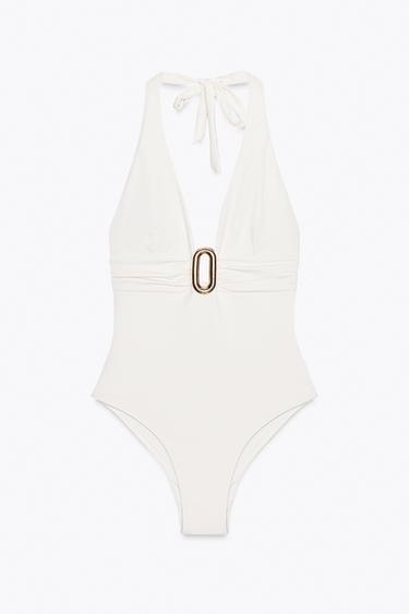 HALTER SWIMSUIT WITH METAL DETAIL - Ecru by Zara