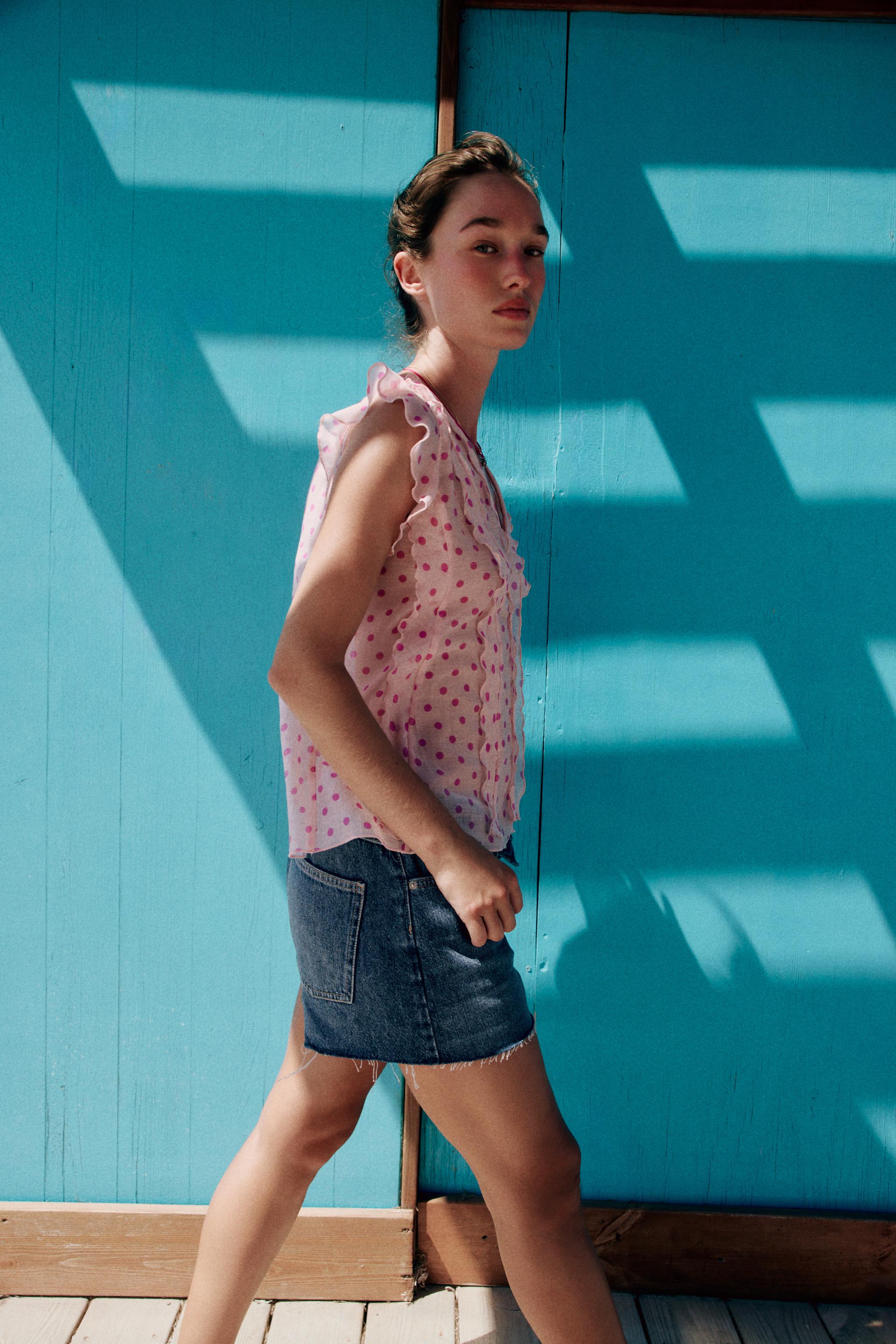 RUFFLED POLKA DOT BLOUSE — Pinks