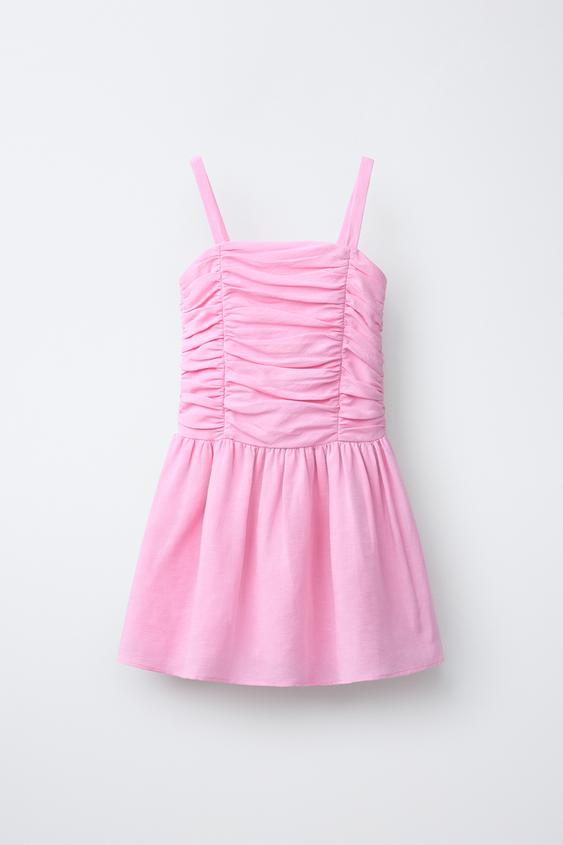 VESTIDO DRAPEADO CON LINO - Rosa flúor de Zara - Imagen 0