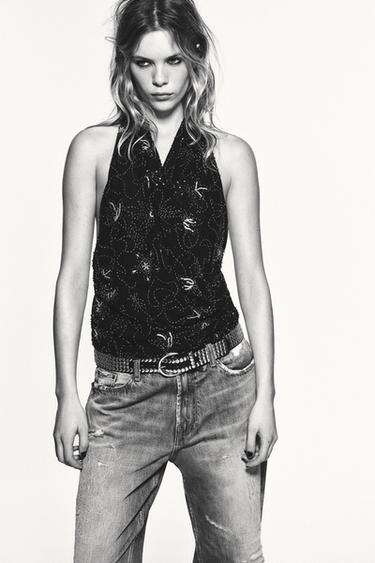 Zara EMBROIDERED BEADED HALTER TOP - Black