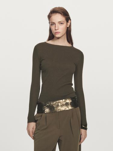 Zara Long sleeve T-shirt with ribbed detail - Dark green - Image 0