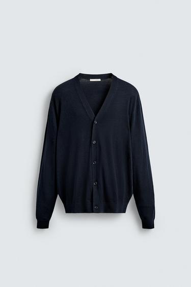 Zara REGULAR FIT 100% WOOL CARDIGAN - Navy blue