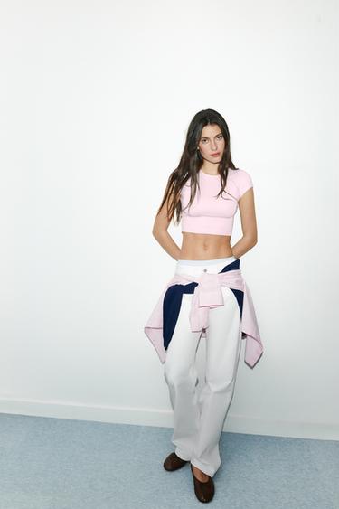 Zara CROPPED SHORT SLEEVE T-SHIRT - Chalk pink