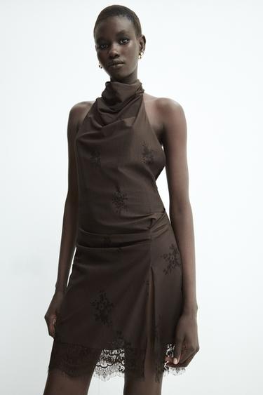 Zara HALTER LINGERIE STYLE DRESS - Brown