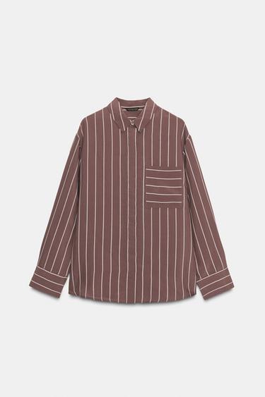 Zara STRIPED POCKET SHIRT - Brown / Ecru