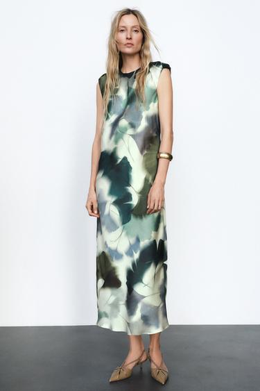 PRINTED SATIN MIDI DRESS - Green / Ecru by Zara
