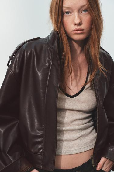 LEATHER EFFECT JACKET WITH STRAPS - Brown by Zara