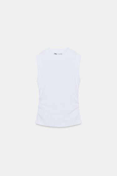 Zara RUCHED SLEEVELESS T-SHIRT - White